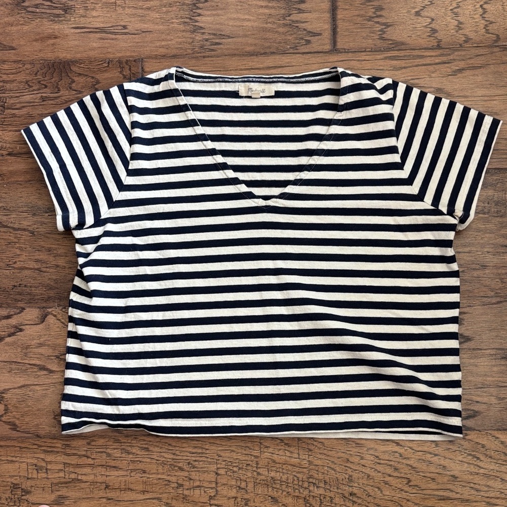 Boxy Navy and White Striped V-Neck Tee